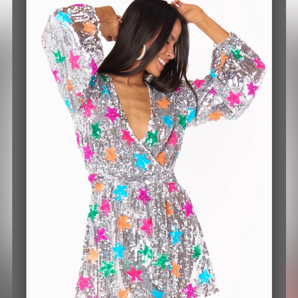 Show Me Your MuMu Glittering Silver Mini Dress with Colorful Stars